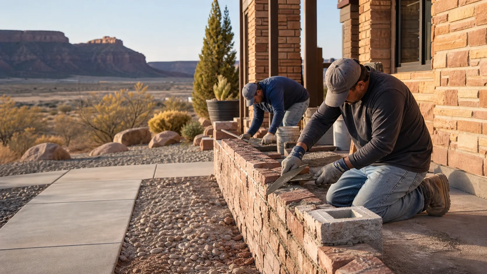 Masonry repair crew restoring stonework on a Grand Junction style home