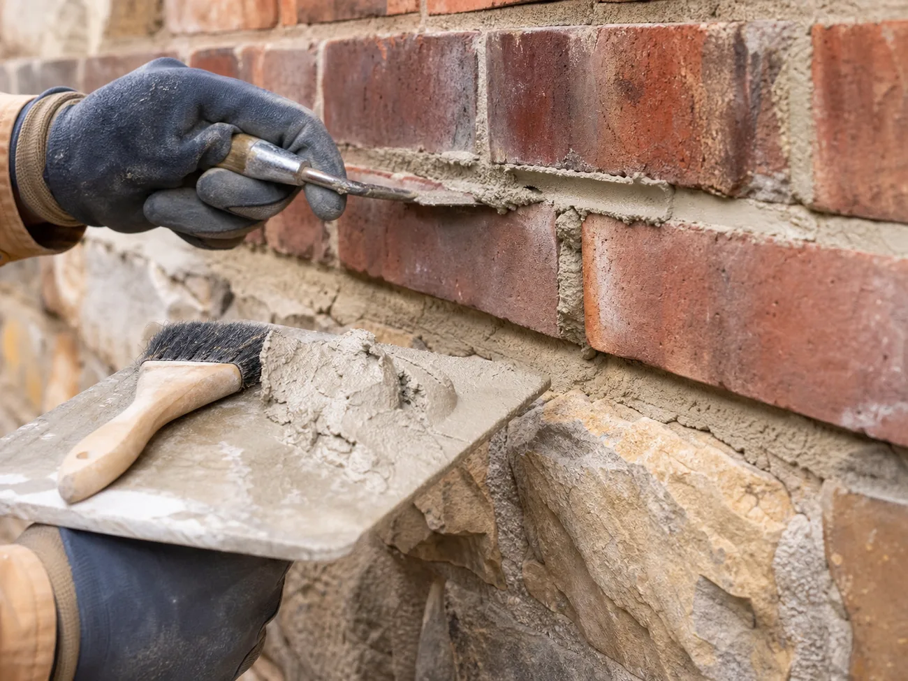 Close-up tuckpointing and mortar repair on brick masonry in Grand Junction