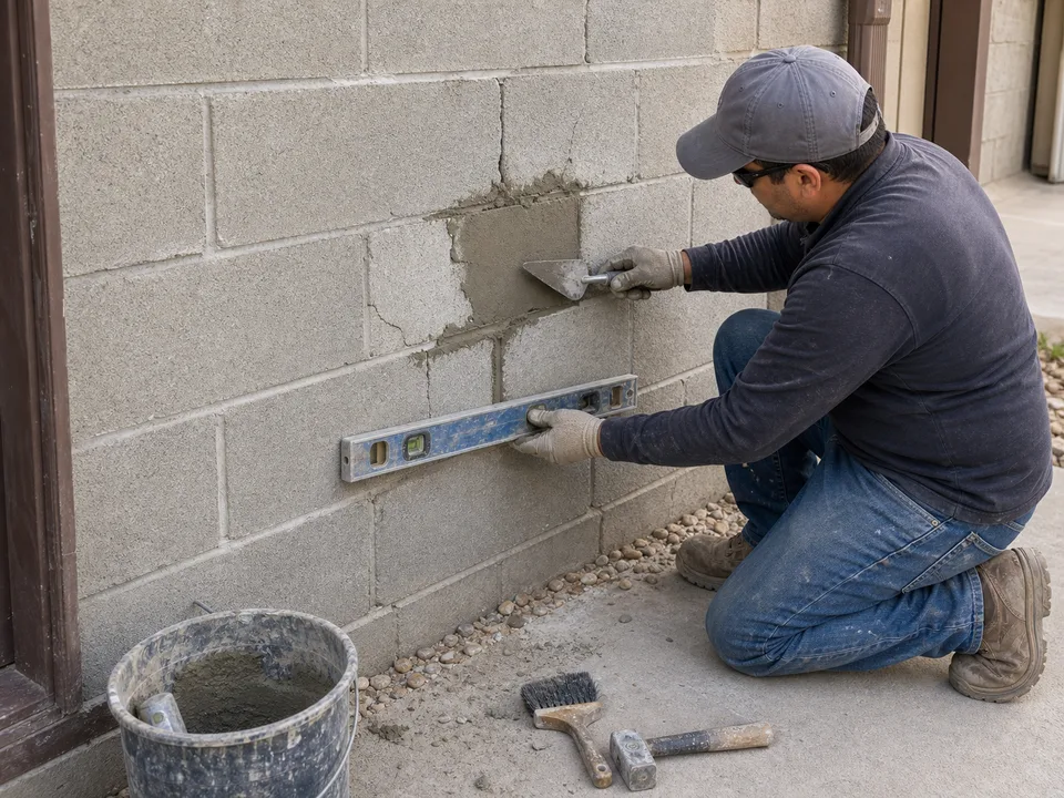 Concrete block repair with mortar tools and level on an exterior wall