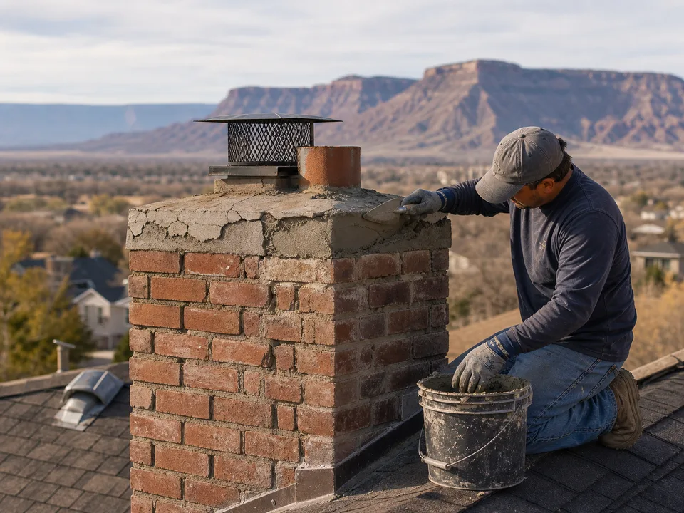 Brick chimney repair and crown restoration above a western Colorado roofline