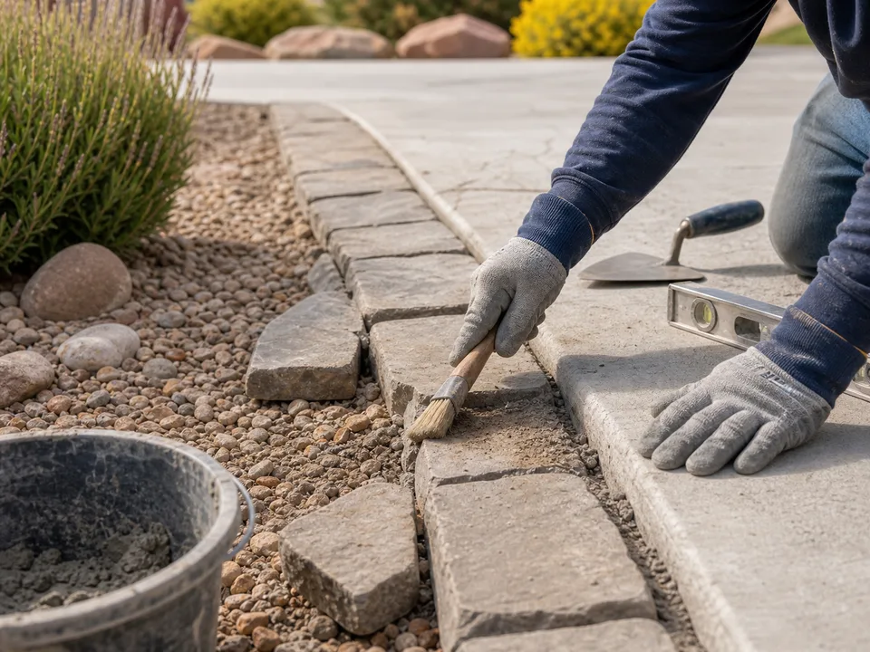 Driveway repair along a cracked masonry and stone border