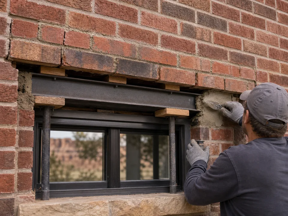 Lintel replacement and brick repair over a residential window opening