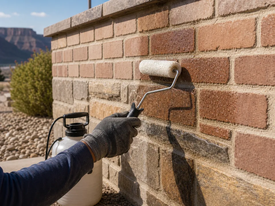 Masonry sealer being applied to repaired brick and stone joints