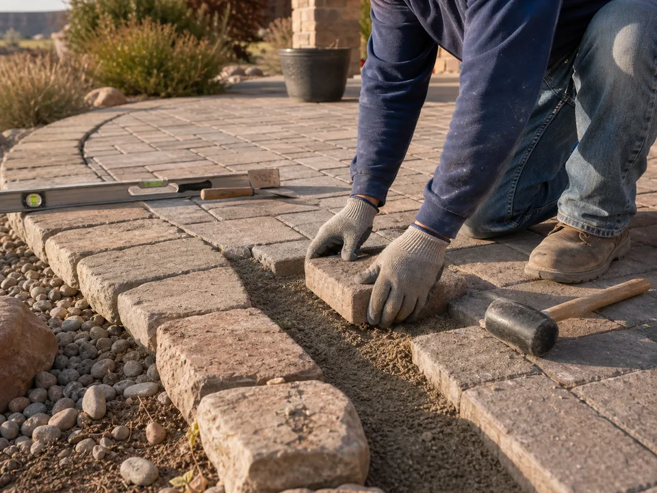 Patio repair with pavers being reset along a stone edge