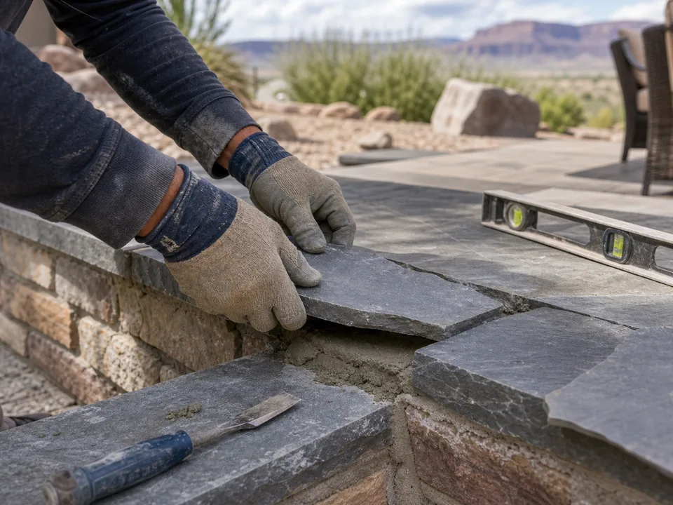 Slate repair and stone cap restoration on an outdoor masonry edge