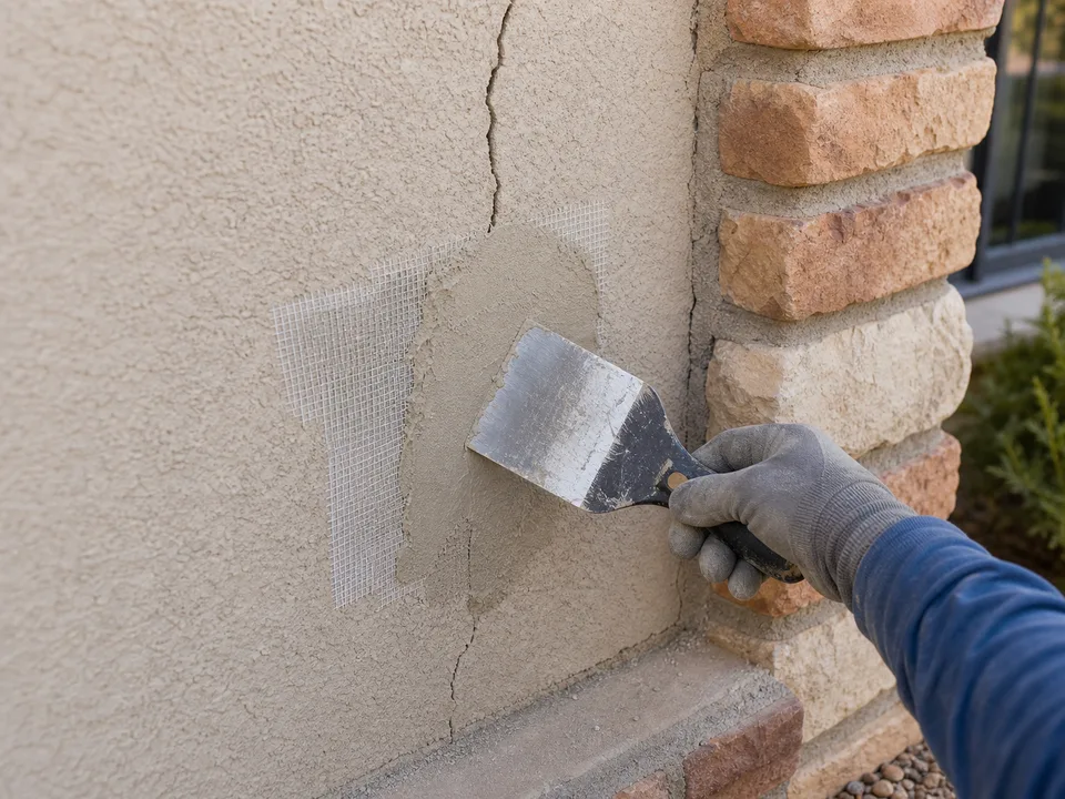 Stucco repair patch preparation where stucco meets masonry trim