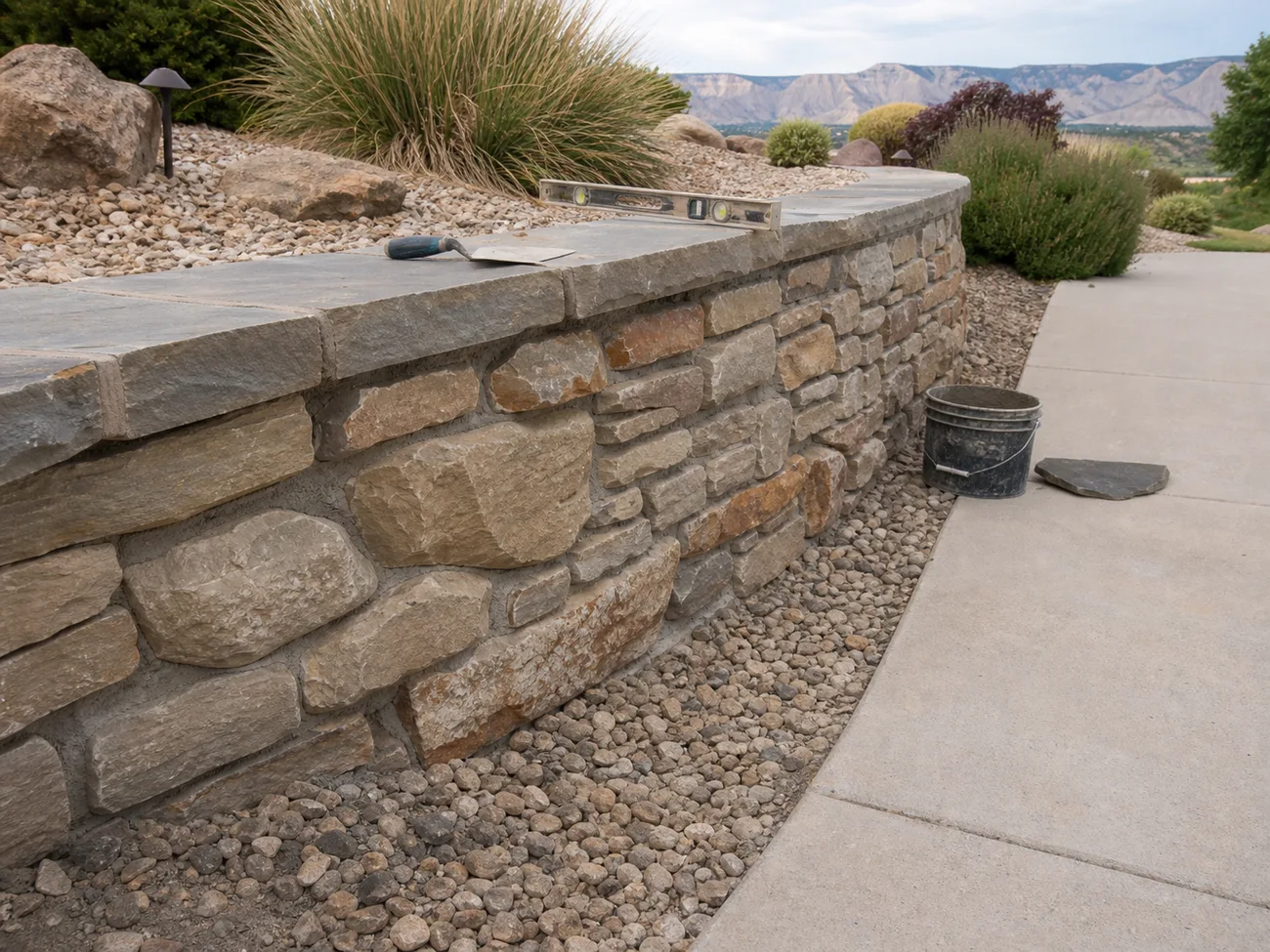 Stone retaining wall repair beside a Western Slope home